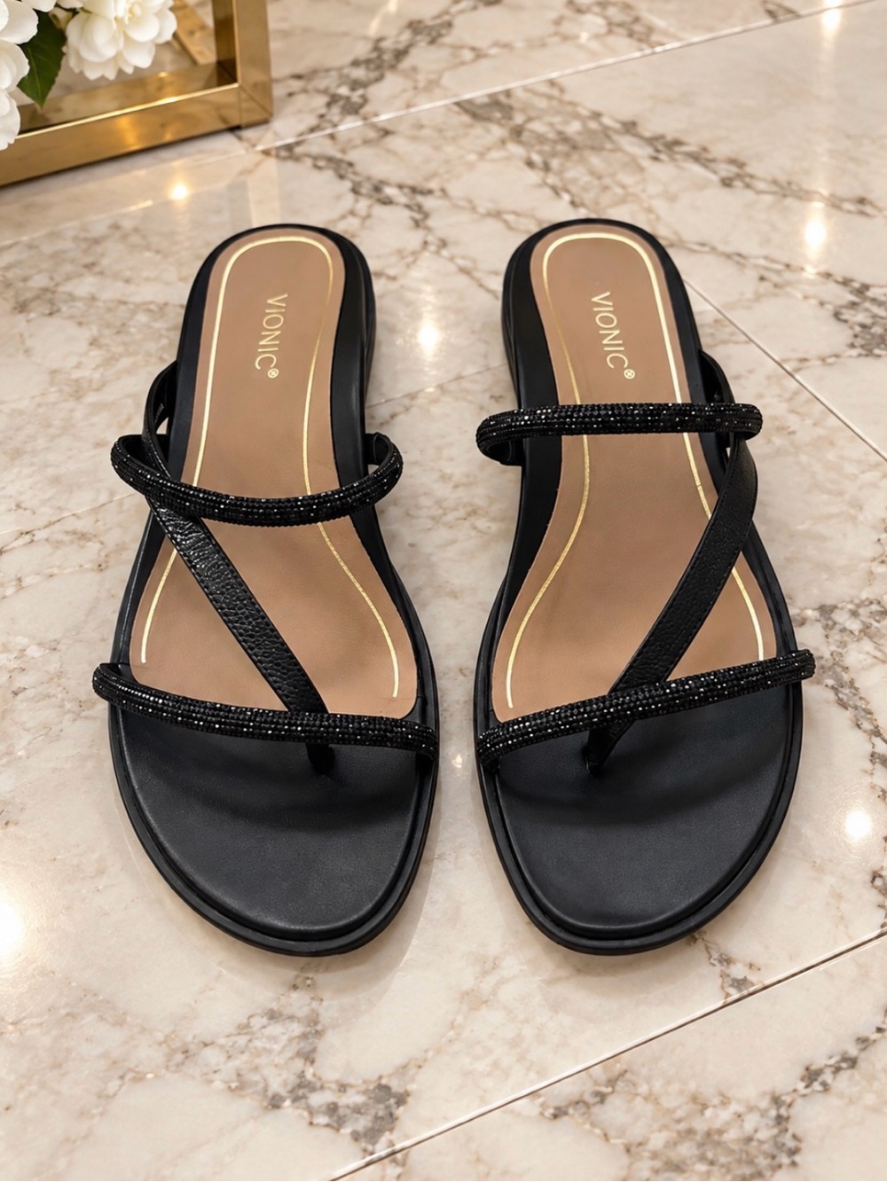Vionic Black Strappy Slide Sandals with Sparkle Trim